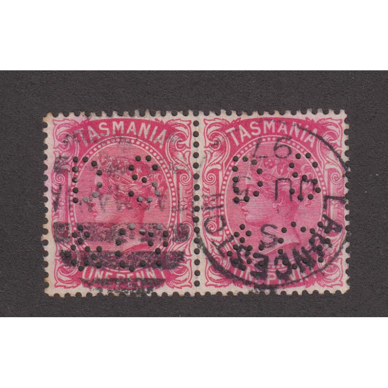 (TY1087) TASMANIA · 1897 (June 5th): pair of 1d QV S/face with D S & Co (Dodgshun Sons & Co.) private perfin · I have not seen an earlier usage date · excellent condition