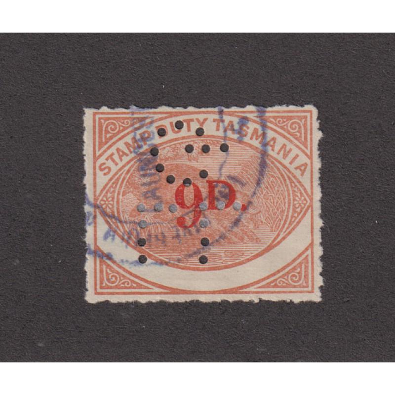 (TY1091) TASMANIA · c.1940: lightly cancelled 9d orange-red on yellow-brown Platypus revenue Craig 7.66 bearing a LL G (London, Liverpool & Globe Insurance) private perfin · nice condition and quite a rarity!