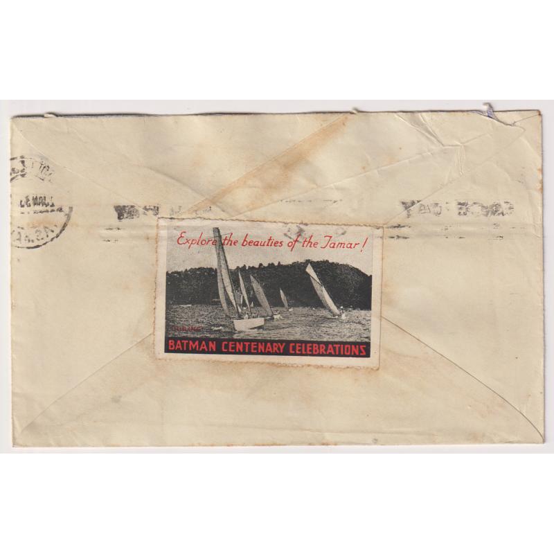 (JT1095) TASMANIA · 1934: BATMAN CENTENARY CELEBRATIONS ("Explore the beauties of the Tamar!") poster stamp used to seal the flap of a small cover to NSW · some imperfections however this is a very rare Tasmanian cinderella!