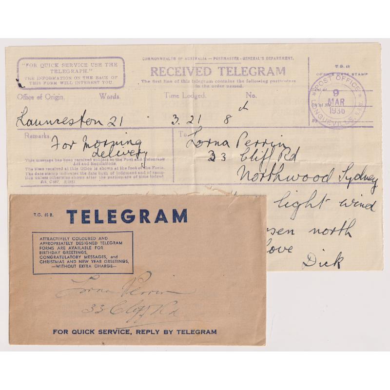 (JT1097) NEW SOUTH WALES · AUSTRALIA   1936: full strike of POST OFFICE LONGUEVILLE rubber cds on a Received Telegram form and the envelope in which it was received · both items are in an excellent condition (2)