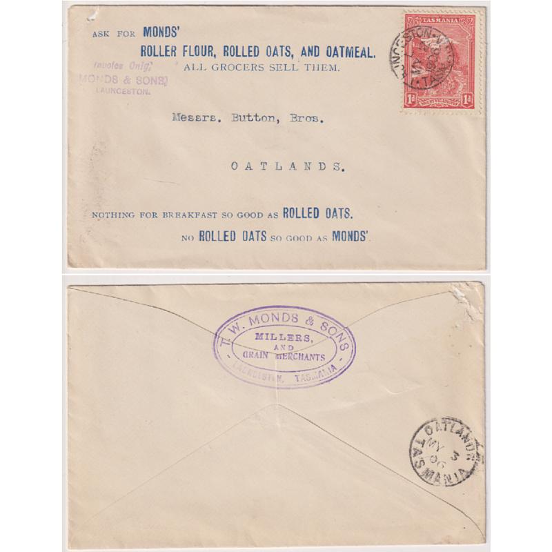 (TY1099) TASMANIA · 1906: MOND'S ROLLER FLOUR, ROLLED OATS AND OATMEAL advertising envelope mailed to Oatlands from the firm's Launceston office · some corner wear from filing o/wise in excellent condition
