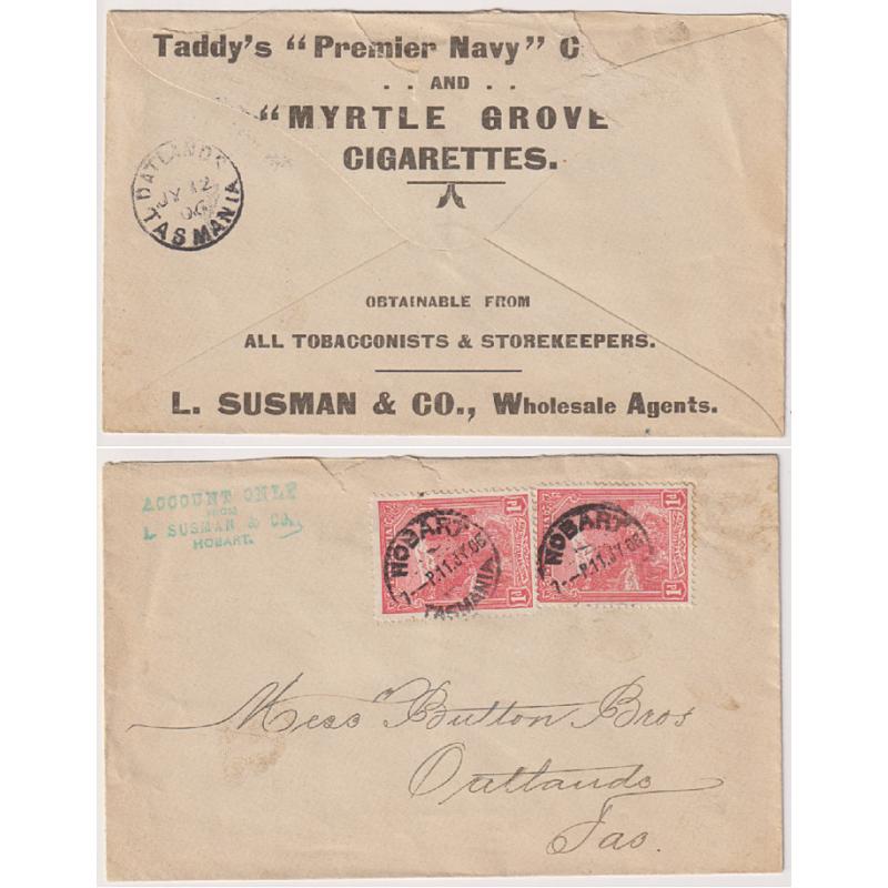 (TY1100) TASMANIA · 1906: advertising cover (cigarettes) mailed to Oatlands by Susman & Co. from their Hobart premises · small part of flap missing o/wise in excellent condition