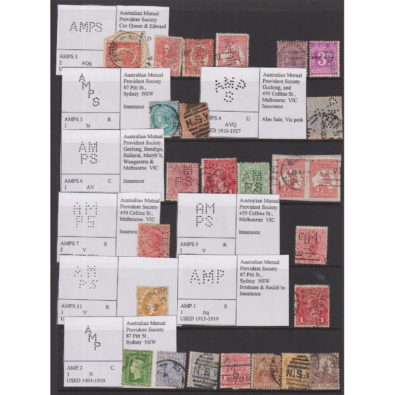 (TY1101L) AUSTRALIA · AMP Society private perfins on a range of oddments · includes States issues, different perfin types and a couple of security overprints · mixed condition (25 items)