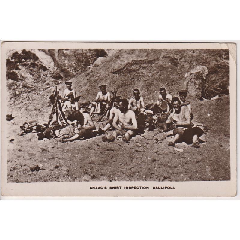 (TY1114) AUSTRALIA · 1916: real photo style card with portrait titled ANZAC'S SHIRT INSPECTION GALLIPOLI · message written on board H.M.T. "Minnetonka" mailed under cover - see full description
