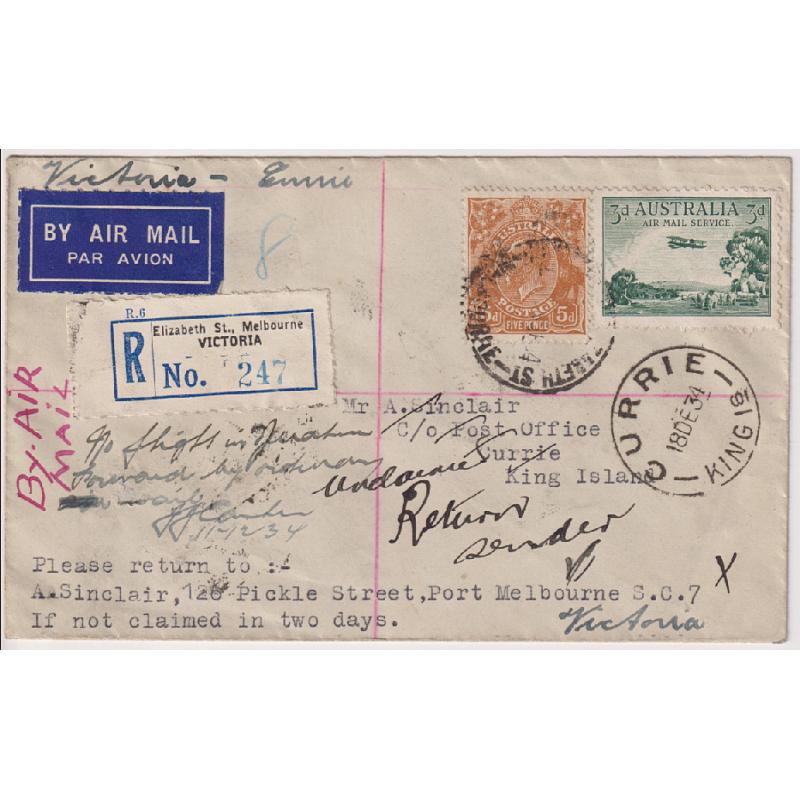 (TY1130) AUSTRALIA · 1934 (Dec 18th): registered cover carried Melbourne / King Island on resumption of  air mail flights to Tasmania by Holymans Airways AAMC #477a · excellent to fine condition ....see both largest images