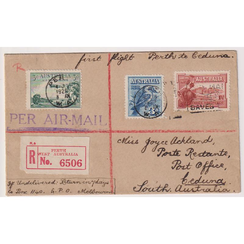 (TY1134) AUSTRALIA · 1929: registered cover carried to Ceduna on the return first air mail flight PERTH / ADELAIDE AAMC #137a · fine condition with full arrival b/stamp · c.v. AU$50