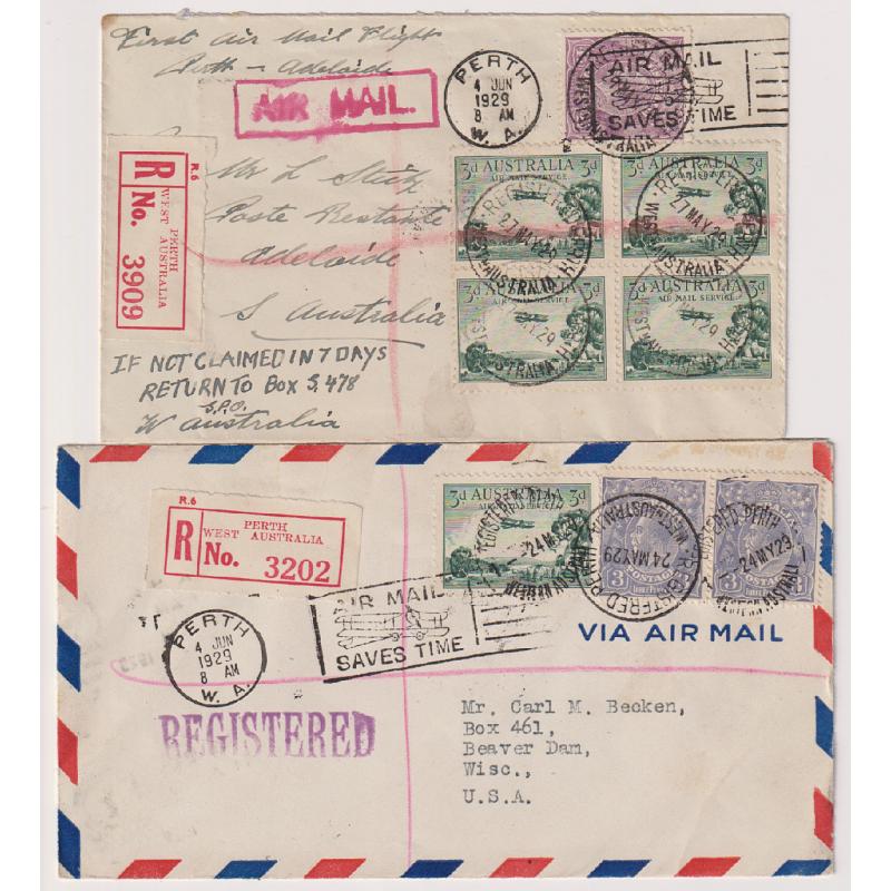 (TY1138) AUSTRALIA · 1929: two registered covers carried on the return 1st air mail flight Perth / Adelaide · one cover returned to Perth, the other onforwarded to the United States · both covers in excellent to fine condition (2 images)