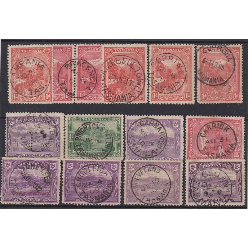 (TY1143) TASMANIA · a Baker's Dozen on selected postmarks on Pictorials · includes "better" such as CUPRONA, BREADALBANE, CHESTER, CLUAN, etc. (13)