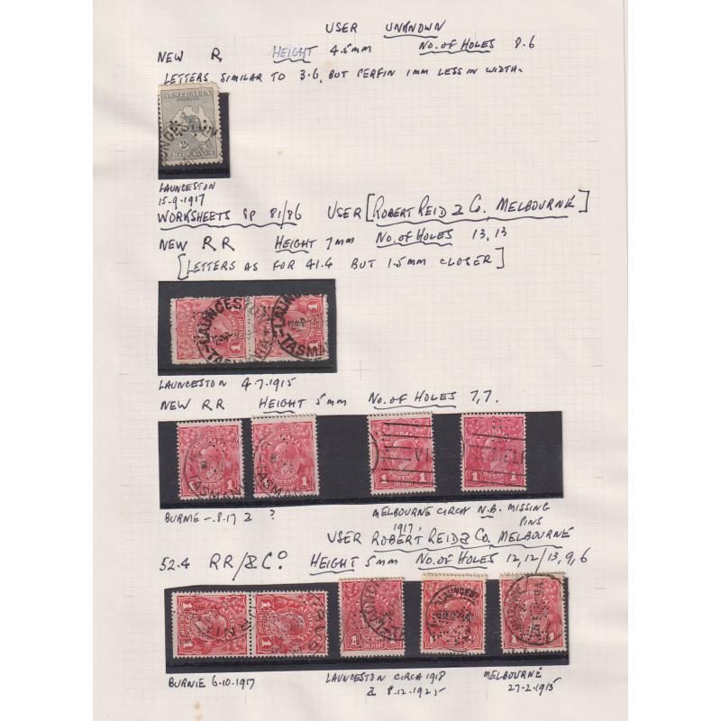 (TY1146L) AUSTRALIA · 9 'worksheets' compiled by perfin pioneer Paul Edwards housing a rich assortment of private perfins mainly of KGV defins · includes many with TAS postmarks (85 items)