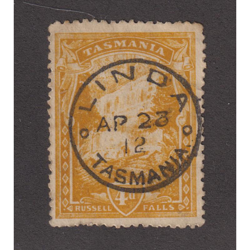 (TY1159) TASMANIA · 1912: a bold strike of the LINDA Type 1 cds on a 4d Pictorial · scarce on this stamp