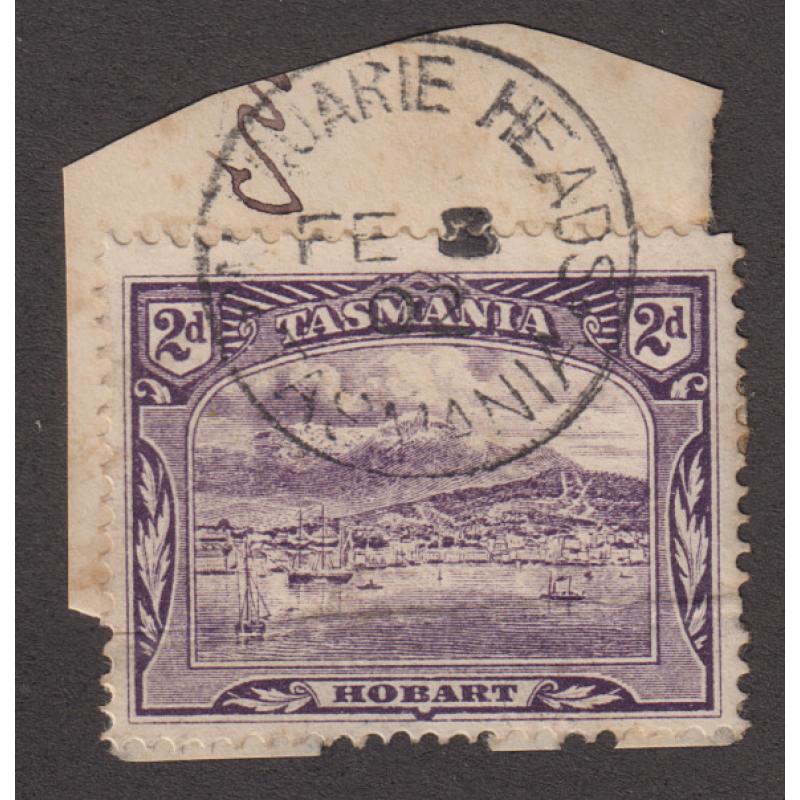 (TY1161) TASMANIA · 1902: a nearly complete strike of the MACQUARIE HEADS Type 1 cds ties a 2d Pictorial to piece · postmark is rated RR(11)