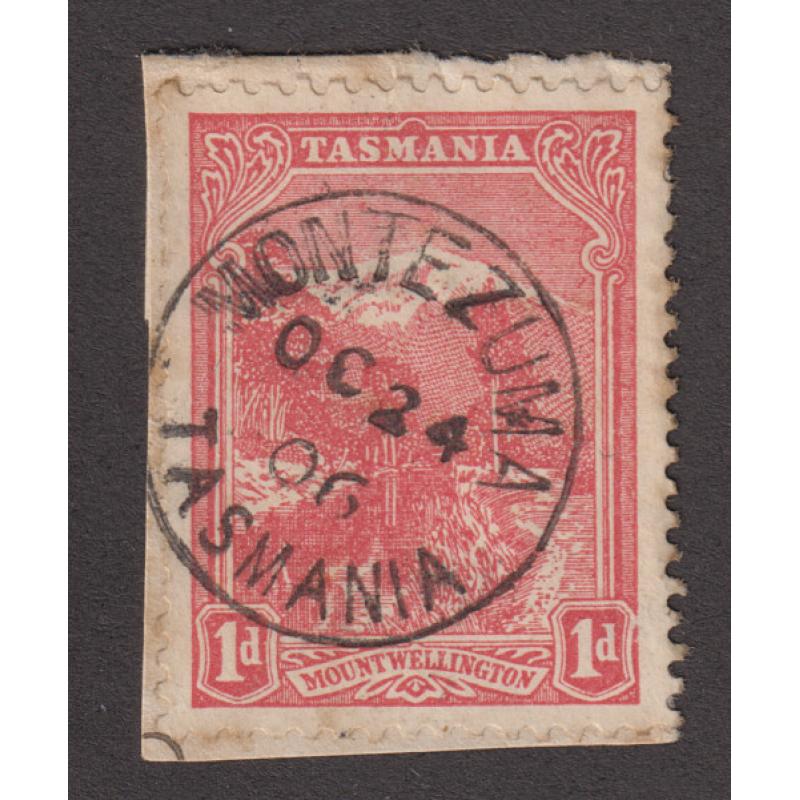 (TY1162) TASMANIA · 1906: a very clear and nearly complete strike of the MONTEZUMA Type 1 cds ties a 1d Pictorial to a closely clipped piece · postmark is rated RR-(10)