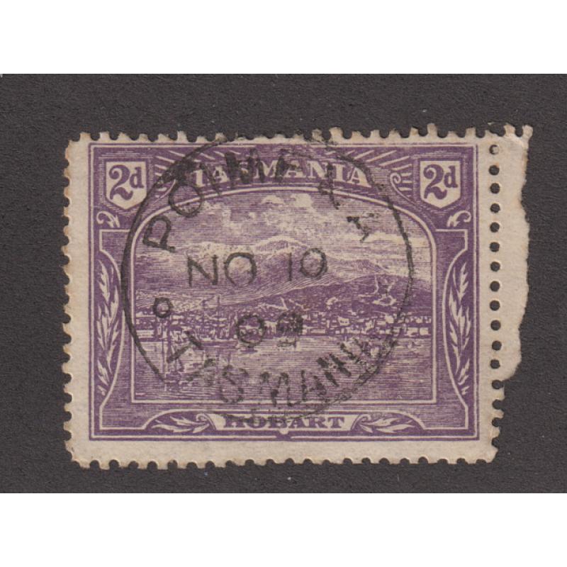 (TY1163) TASMANIA · 1909: a light but obvious and nearly complete example of the POIMENA Type 1 cds on a 2d Pictorial · postmark is rated R+(9)