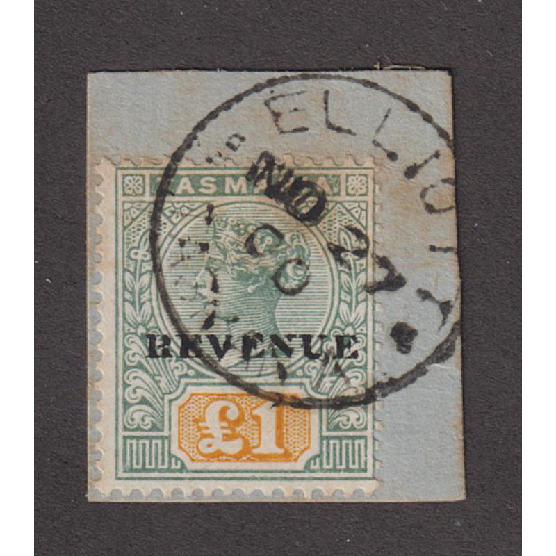 (TY1165) TASMANIA · 1900 (Nov 27th): a £1 green/yellow QV Key Plate optd REVENUE SG F39 tied to a small piece with a valid ELLIOTT Type 1 postmark · c.v. £225 · condition as per the largest image