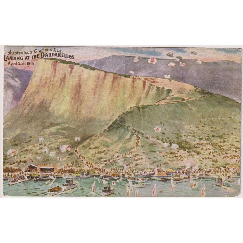 (TY1175) AUSTRALIA · c.1916: unused card by Turner & Sons with a colour illustration titled AUSTRALIA'S GLORIOUS DAY · LANDING AT THE DARDANELLES · APRIL 25th 1915 · some minor peripheral wear o/wise in excellent condition · attractive and rare!
