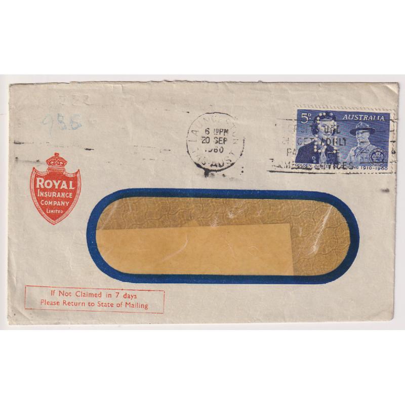 (TY1179) TASMANIA · 1960: Royal Insurance Company Limited envelope with single 5d Girl Guide Juilee bearing a Type 2 RICo private perfins · excellent condition · the perfin is not often seen on this stamp!