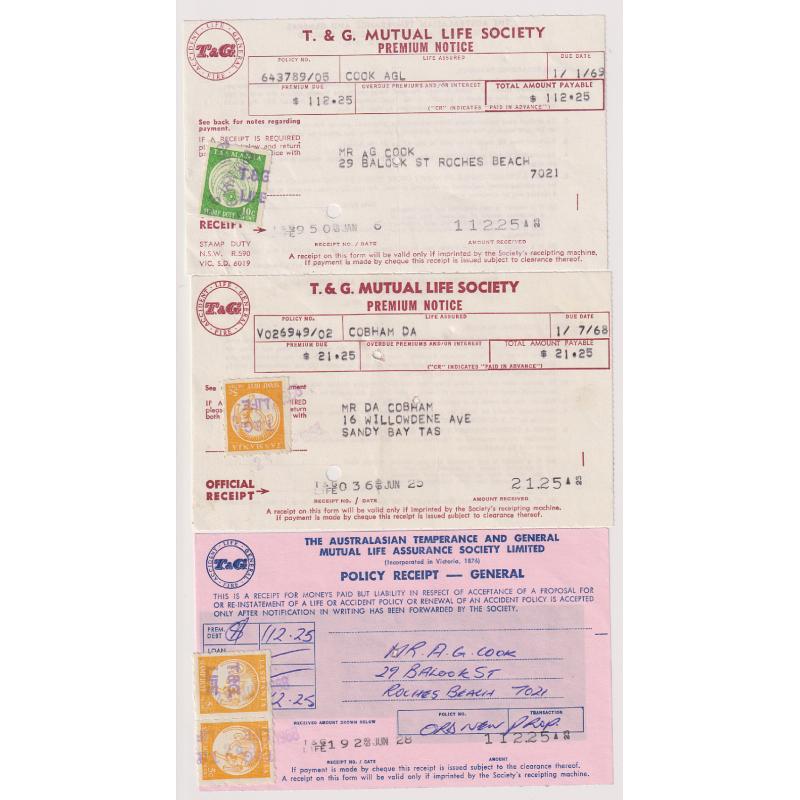 (TY1181) TASMANIA · 1968/69: three receipts bearing 5c or 10c S/Duties each with T&G LIFE security overprints · condition as per largest image - not easy to find "on document" (3)