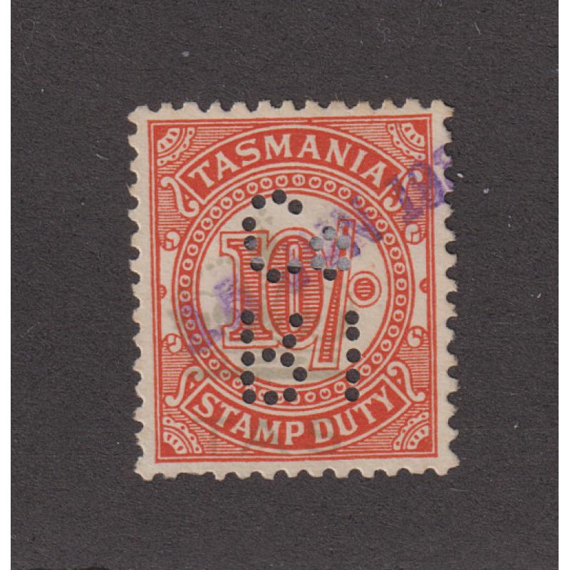 (TY1182) TASMANIA · 1930s: used 10/- orange-red Numeral S/Duty Craig 7.127 bearing second type of RI Co private perfin used by the Royal Insurance Co. at their Launceston office