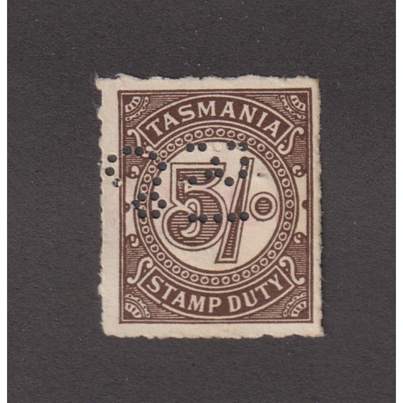 (TY1183) TASMANIA · 1930/50s: used 5/-deep brown Numeral S/Duty Craig 7.156 bearing a RI Co private perfin used by the Royal Insurance Co. at their Launceston office
