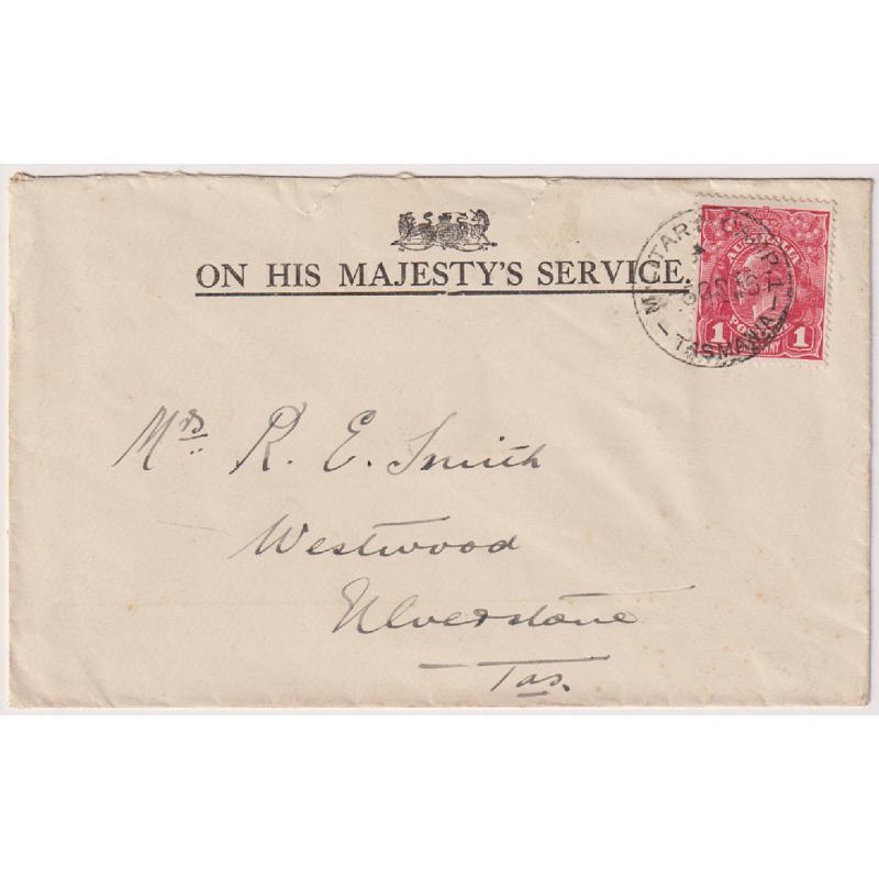 (TY1186) TASMANIA · 1916: OHMS envelope bearing single 1d red KGV franking tied by a full strike of the MILITARY CAMP.1 Type 2b cds · an above average example!