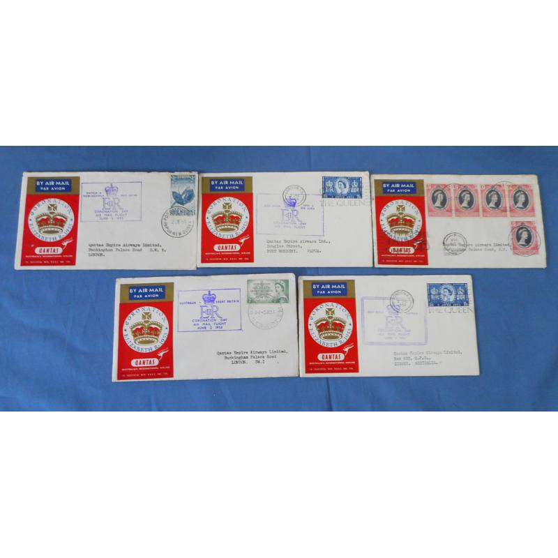 (TY1192B) AUSTRALIA · G.B. · COMMONWEALTH - 1953 (June 2nd/3rd); 29 cacheted covers carried to or from London on QANTAS Coronation Day Flights including "intermediates" · mixed condition · view all four largest images · high c.v. (29)
