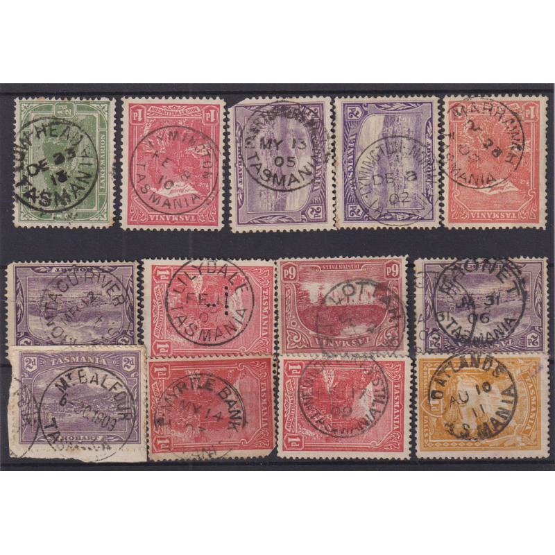 (TY1199) TASMANIA · a Baker's Dozen of clear cds postmarks on Pictorials to 6d · some very useful strikes here LOWER TURNERS MARSH, MAGNET, MT BALFOUR, MYRTLE BANK, etc. (13)