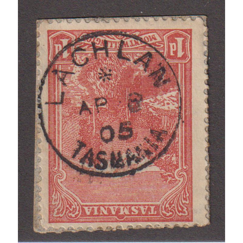 (TY1202) TASMANIA · 1905: a full clear example of the LACHLAN Type 1b cds on a 1d Pictorial (on closely clipped piece) · postmark is rated R+(9)
