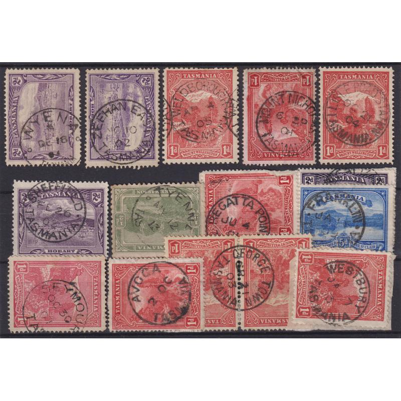 (TY1203) TASMANIA · a Baker's Dozen of clear cds postmarks on Pictorials · some very useful strikes here including WYENA, ZEEHAN EAST, MOUNT NICHOLAS, SEYMOUR, LISLE ROAD STATION, etc. (13)