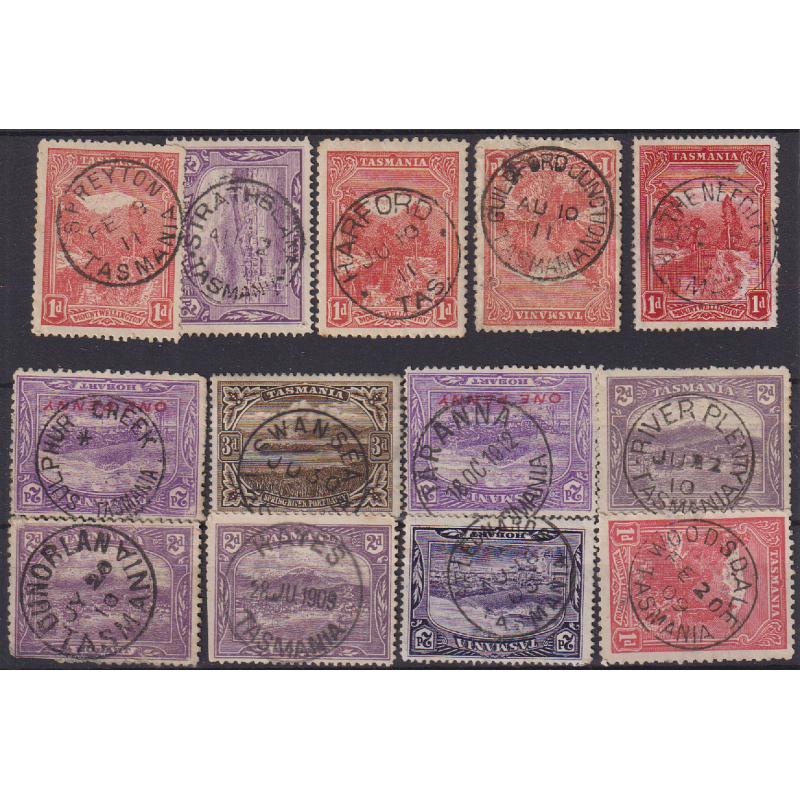 (TY1206) TASMANIA · a Baker's Dozen of clear cds postmarks on Pictorials to 3d · some very nice strikes here incl GUILDFORD JUNCTION, TARANNA, HAYES, STRATHBLANE, etc. (13)