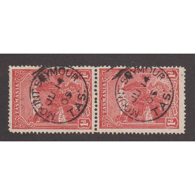 (TY1208) TASMANIA · 1908: two clear strikes of the MOUNT SEYMOUR Type 1a cds on a vertical pair of 1d Pictorials - postmark is rated S+(6)