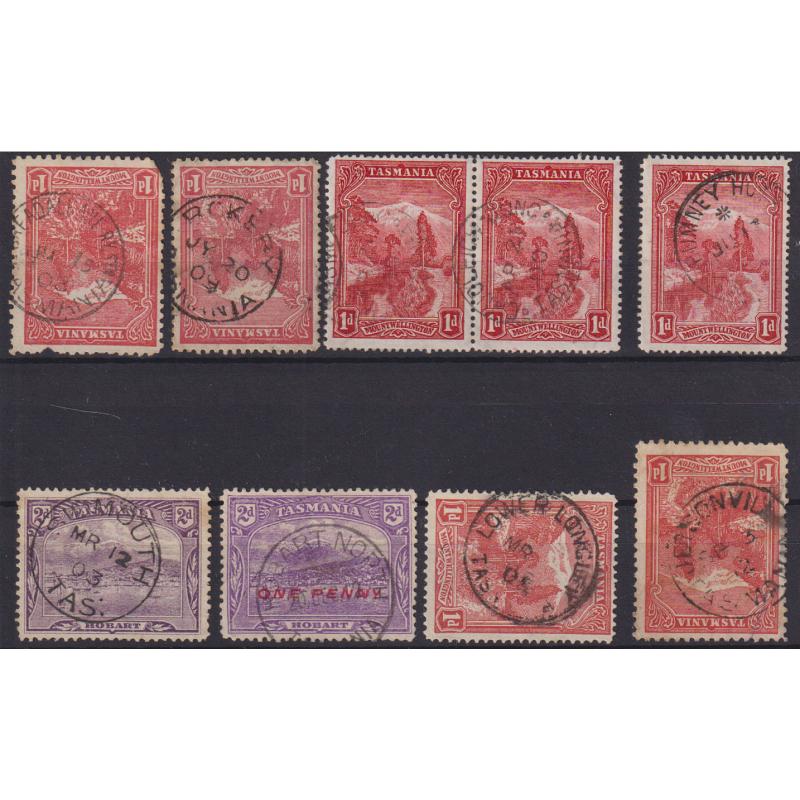 (TY1210) TASMANIA · 8 different cds postmarks on Pictorials with "better" ratings · mostly "2nd choice" quality strikes · includes BREADLEBANE RY STN, LOWER LONGLEY, CHUDLEIGH JUNCTION, etc. (8)