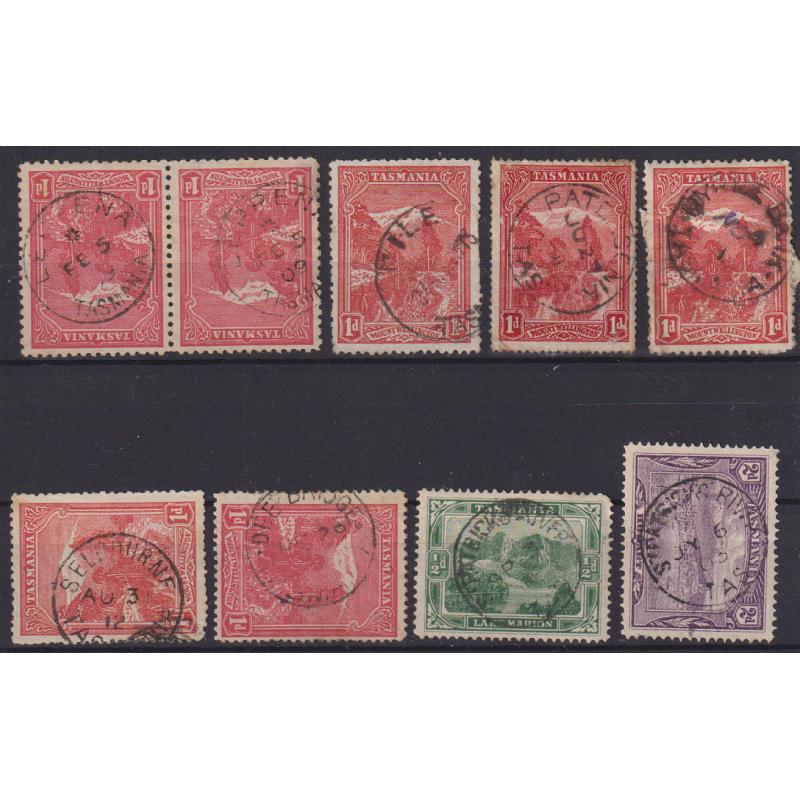 (TY1211) TASMANIA · 8 cds postmarks on Pictorials with "better" ratings · mostly "2nd choice" quality strikes · includes NILE, PATERSONIA, SELBOURNE, ST PATRICKS RIVER (2), MYRTLE BANK, etc. (8)