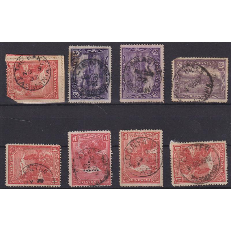 (TY1214) TASMANIA · 8 different cds postmarks on Pictorials with "better" ratings · mostly "2nd choice" quality strikes · includes THE OAKS, LIENNA, PARADISE, MOUNT HICKS, CHESTER, etc. (8)