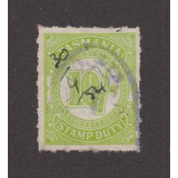 (TY1227) TASMANIA · 1954: used 10/- light apple-green Numeral Stamp Duty Craig 7.159 · tiny tear in top margin caused by separation o/wise in excellent condition · Elsmore online c.v. AU$80 (2 images)