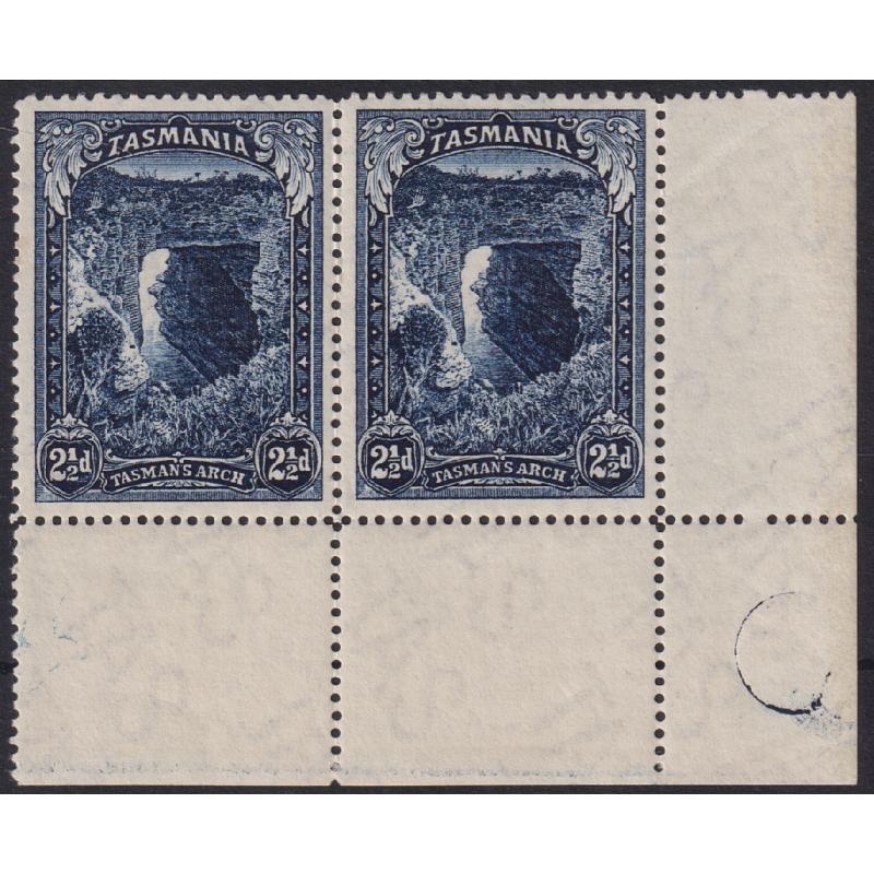 (TY1228) TASMANIA · 1900: MNH pair 2½d indigo Pictorial SG 232 from LR corner of sheet ..... light impression of PLATE SCREW on selvedge · c.v. £52 for MLH 'singles' (2 images)
