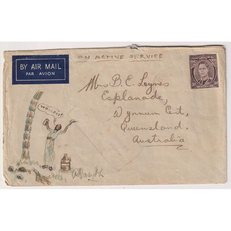 (TY1238) AUSTRALIA · 1945: censored "On Active Service" air mail cover to QLD address with coloured hand illustration · some faults so please see full description