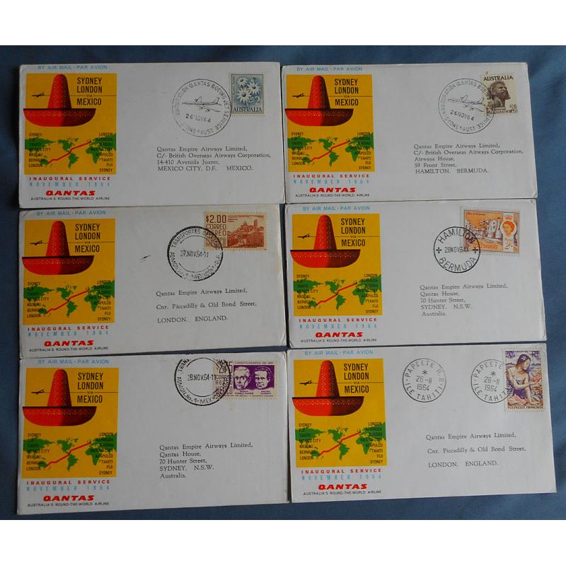 (TY1239L) AUSTRALIA MEXICO et al  1964: six different cacheted covers carried between various countries visited on the first SYDNEY/LONDON via MEXICO flight AAMC #1530a · total c.v. AU$200+ · see description (6)