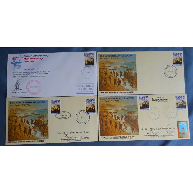 (TY1242L) AUSTRALIA · 1990 (April 12th): 3x "The Anzac Tradition" issue FDCs plus a RAN souvenir cover bearing a range of AUST F.P.O. cds and rubber datestamps · VF condition throughout (4)