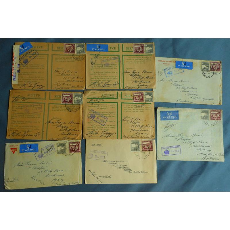 (TY1244L) AUSTRALIA · M.E.F. in Palestine · 1940/41: 8 covers from an Australian serviceman to his sweetheart in Sydney · range of censor h/s and cds pmks · all bear PALESTINE stamp franking · with original contents · excellent condition