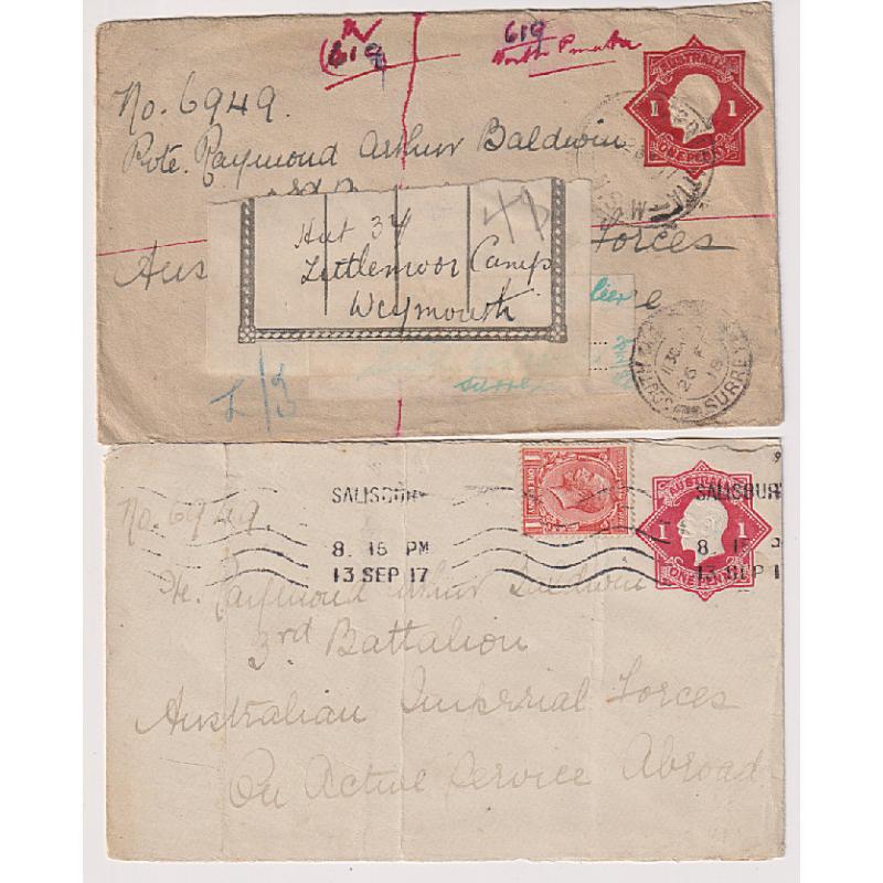 (TY1247) AUSTRALIA ·  1917/18: five small covers endorsed "Australian Imperial Forces Abroad" in VG to fine condition · includes registered, re-directed and RTS items (2 images)