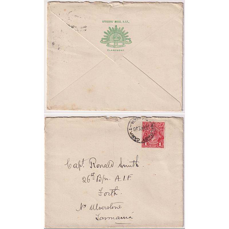 (TY1248) AUSTRALIA ·  TASMANIA  1916: cover mailed to Forth from CLAREMONT CAMP near Hobart · 1d red KGV franking tied by Camp cds · OFFICER'S MESS A.I.F. envelope (crest on flap)