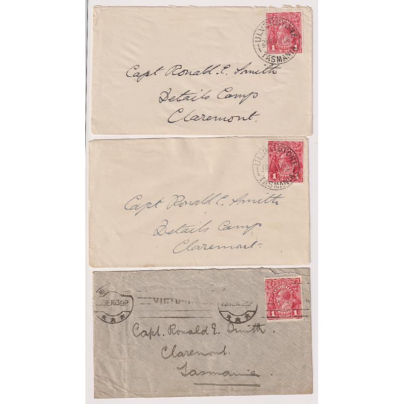 (TY1249) AUSTRALIA ·  TASMANIA  1916: three small cover with 1d red KGV franking addressed to Capt. Ronald Smith at Claremont Camp near Hobart · all in excellent to fine condition front and back (3)
