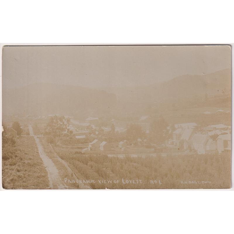 (TY1251) TASMANIA · 1914: real photo card by H.H. Baily w/view PANORAMIC VIEW OF LOVETT No.1 · print is a little over-exposed · long message written at Lovett on verso but not postally used · excellent condition