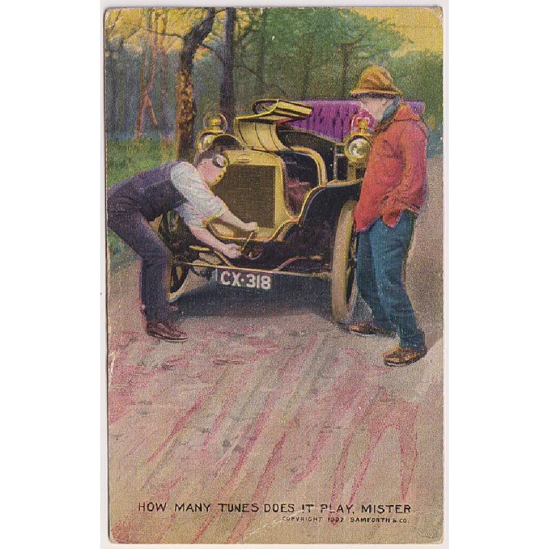 (TY1252) GREAT BRITAIN · 1907: humorous PPC by Samforth & Co · motoring related with country bumpkin asking HOW MANY TUNES DOES IT PLAY MISTER? · message on back but not postally used