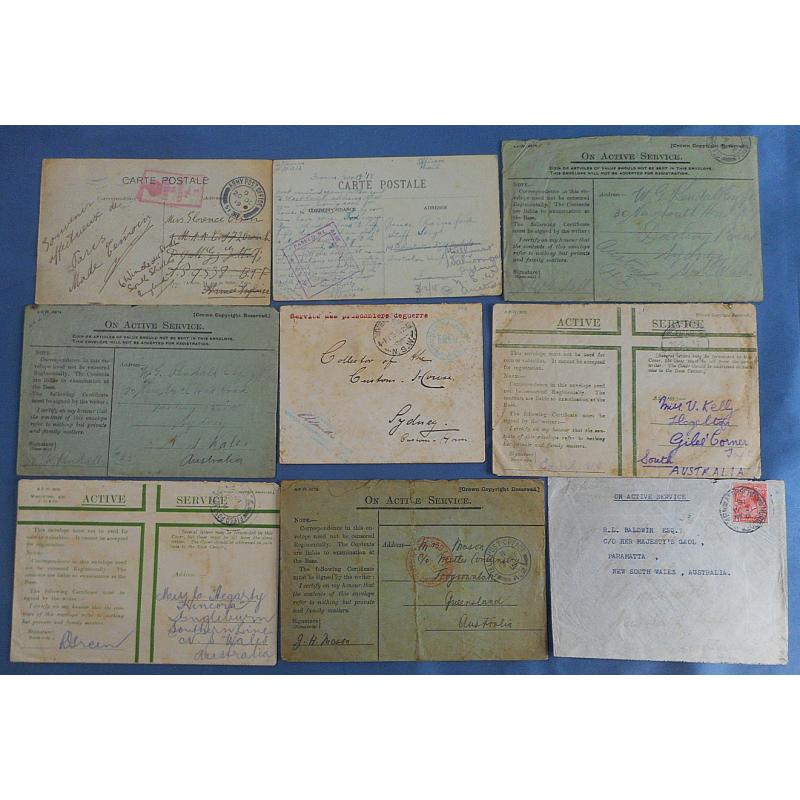 (TY1255) GREAT BRITAIN · AUSTRALIA  8 WWI era inwards "Active Service" and Prisoner of War covers mostly to Sydney addresses · condition a little mixed so please view the largest image (9 items)