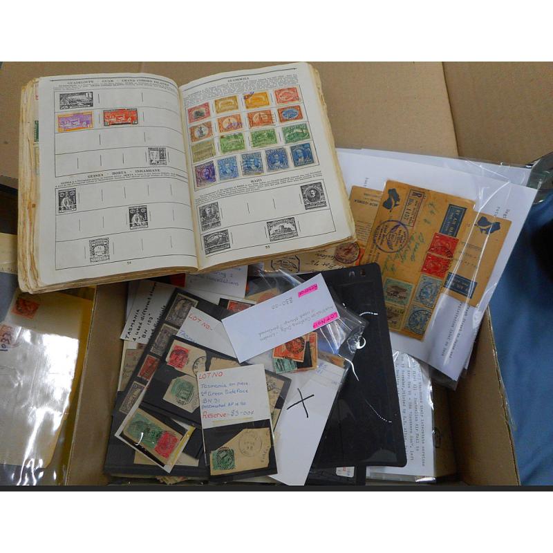 (TY1257B) WORLDWIDE and AUSTRALIAN REMNANTS in a well-filled large Australia Post carton · includes covers, junior collections, stamps in packets and loose, literature, ephemera and so on in a mixed condition · LUCKY DIP!! (7 sample images)