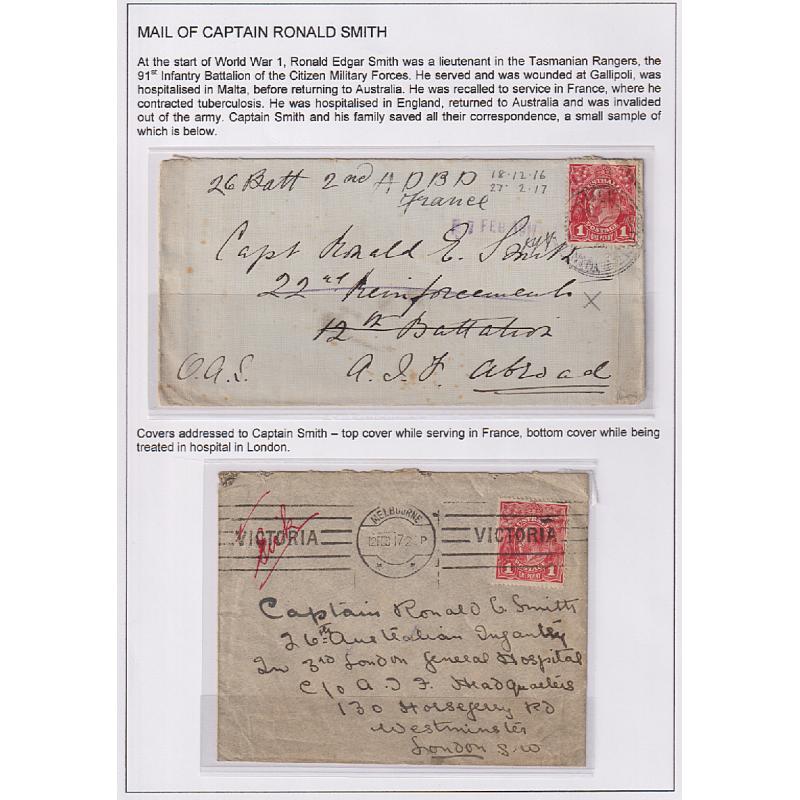 (TY1258L) AUSTRALIA ·  TASMANIA  1917: exhibit page with 2 covers addressed to Capt. Ronald Smith in France and G.B. · both with single 1d red KGV defins and in an overall excellent condition (2)