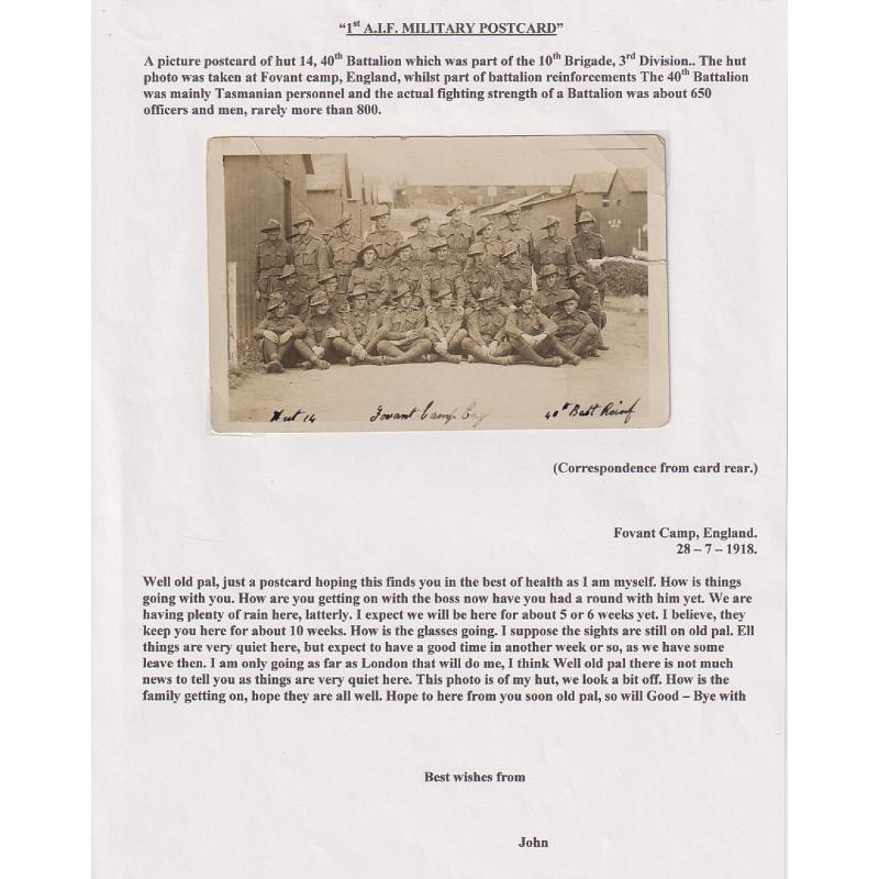 (TY1259L) GREAT BRITAIN ·  TASMANIA  1918: display page with real photo card portrait of 40th Battalion soldiers from "Hut 14" at Fovant Camp, England · most of these AIF members would have been Tasmanian · see full description