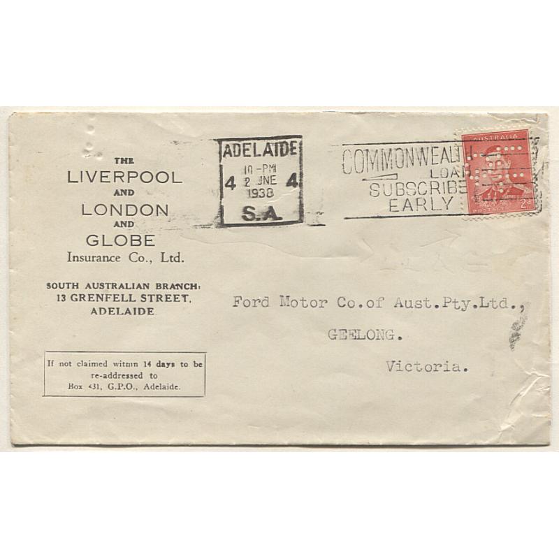 (TY15000) AUSTRALIA · 1938: commercial cover to VIC mailed from THE LIVERPOOL & LONDON & GLOBE INSURANCE CO. office at Adelaide · single Die I 2d KGVI defin franking bears LLG private perfin