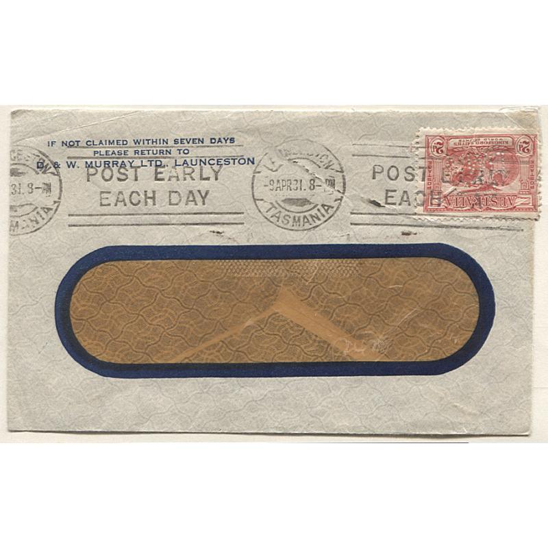(TY15001) AUSTRALIA · TASMANIA  1931: D. & W. Murray Ltd. Launceston envelope with 2d K/Smith franking bearing the local DWM Ltd private perfin · not often seen on this stamp in my experience